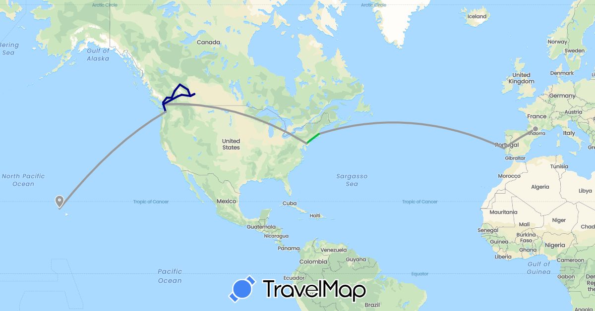 TravelMap itinerary: driving, bus, plane in Canada, France, Portugal, United States (Europe, North America)